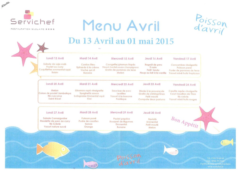 menu avril 2015 ecole maternelle